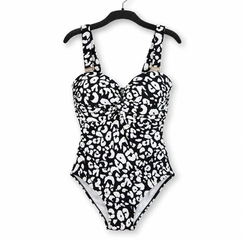 Anne Cole One Piece Swimsuit Womens 16W Black White Animal Print Ruched Swim